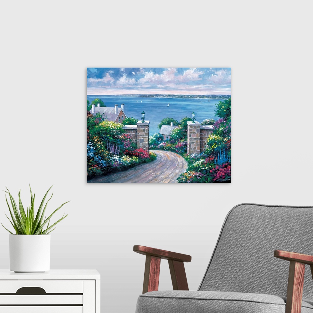 A modern room featuring Ocean view through gateway surrounded by flower gardens.