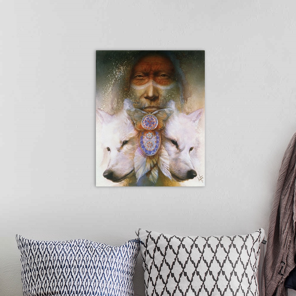 A bohemian room featuring A contemporary painting of a Native American man staring straight on with two white wolf heads at...