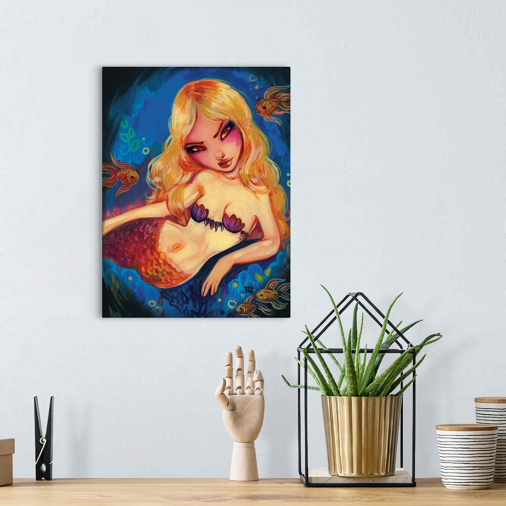 A bohemian room featuring Fantasy painting of a blonde mermaid with goldfish.