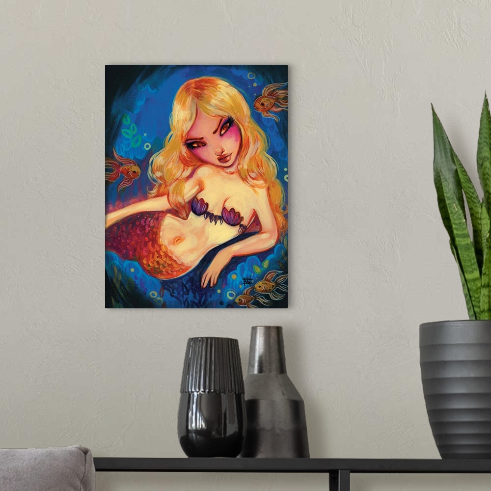 A modern room featuring Fantasy painting of a blonde mermaid with goldfish.