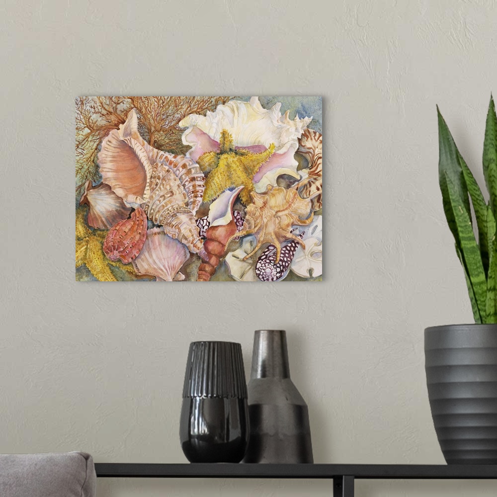 A modern room featuring Colorful contemporary painting of seashells.