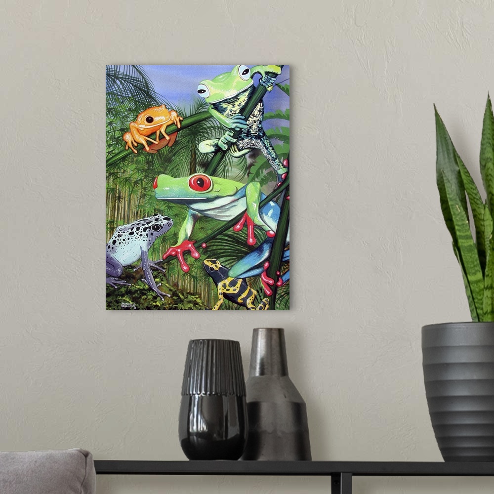 A modern room featuring Tropical frogs sitting on branches of exotic plants.