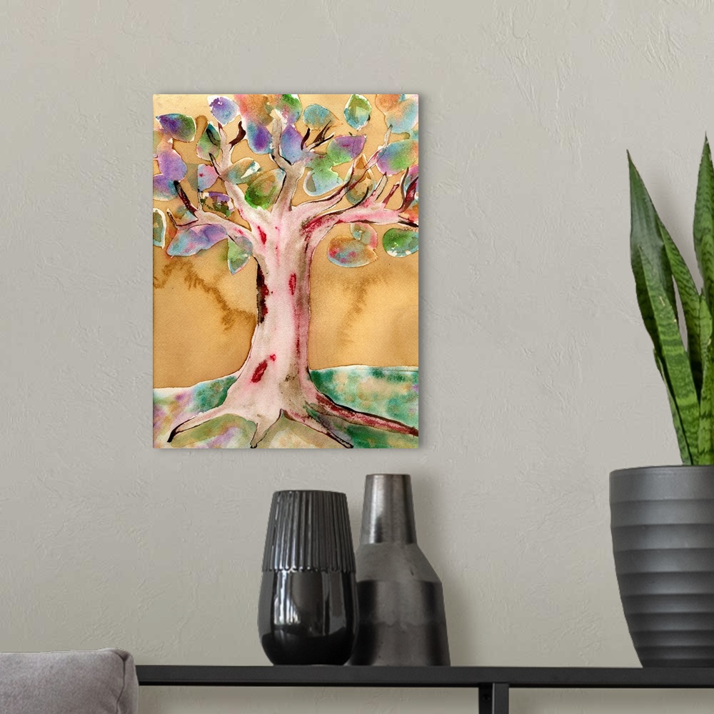 A modern room featuring A tall tree with multicolored leaves.