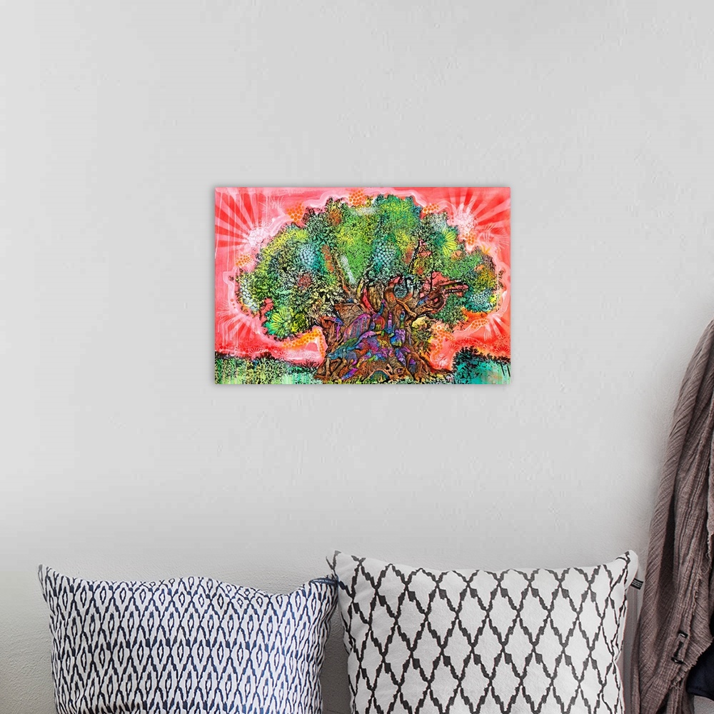 A bohemian room featuring Large illustration of a tree with colorful animals on the trunk and a red sky with abstract designs.
