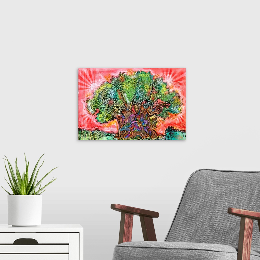A modern room featuring Large illustration of a tree with colorful animals on the trunk and a red sky with abstract designs.