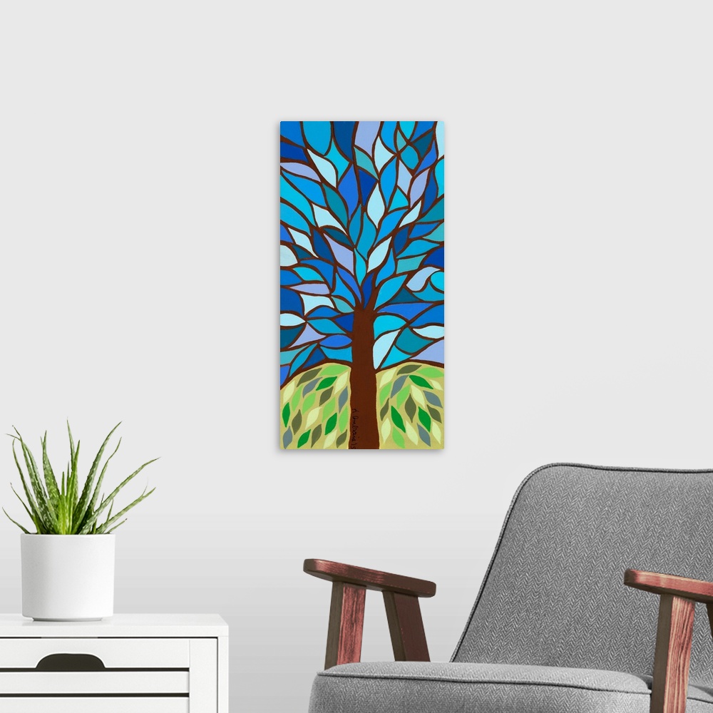A modern room featuring Contemporary painting of a tree with branches breaking up the sky into a mosaic-like pattern.