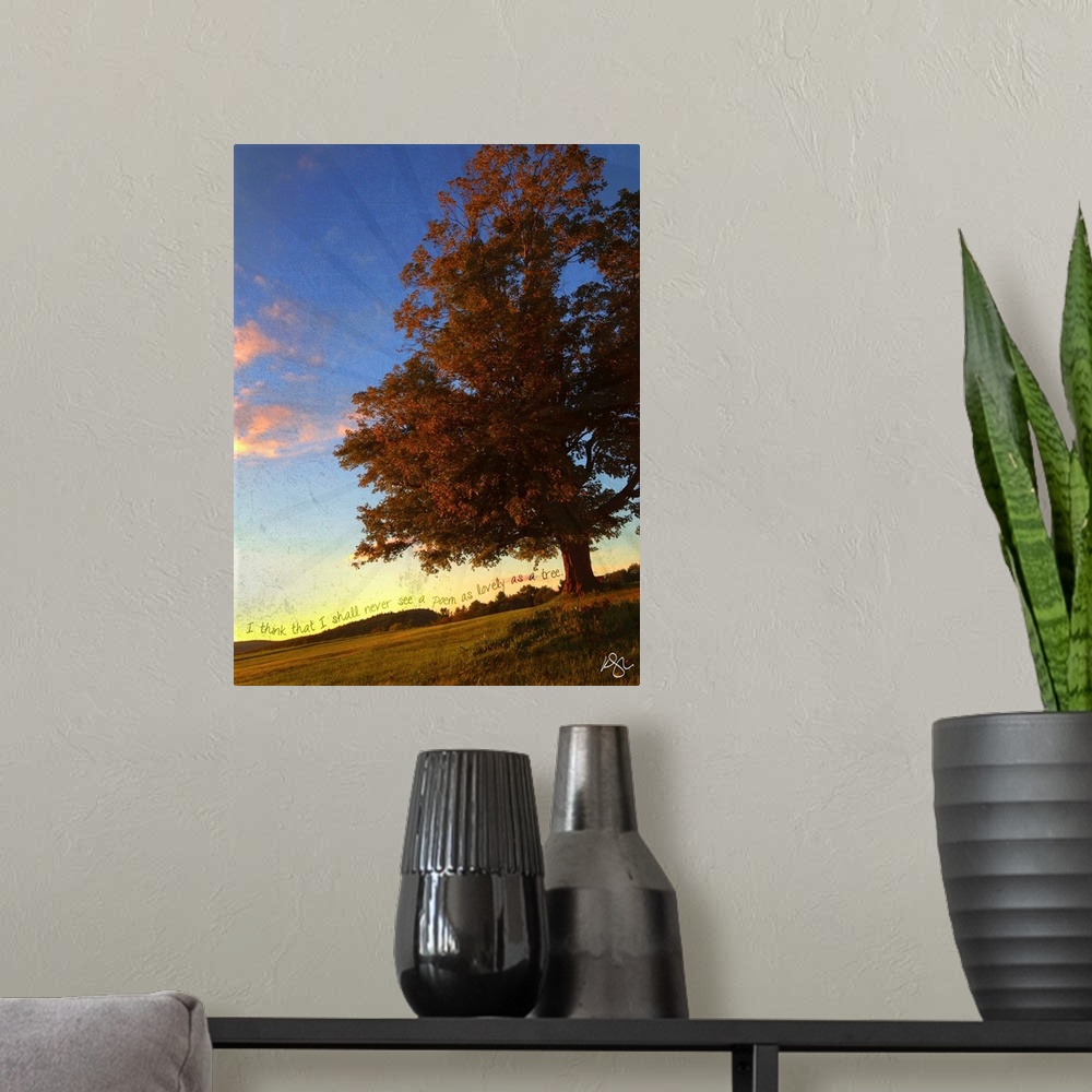 A modern room featuring Motivational text against background photograph of a countryside scene.