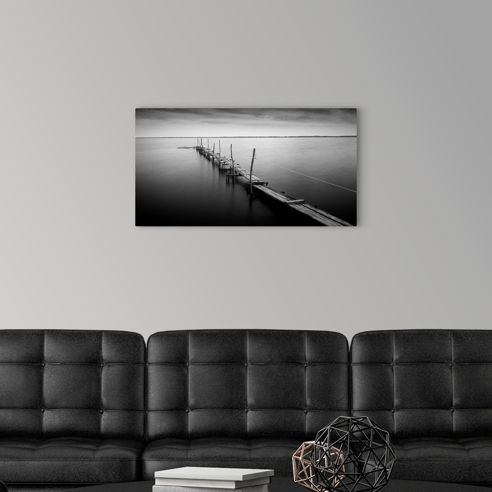 A modern room featuring Dock water, black and white photography