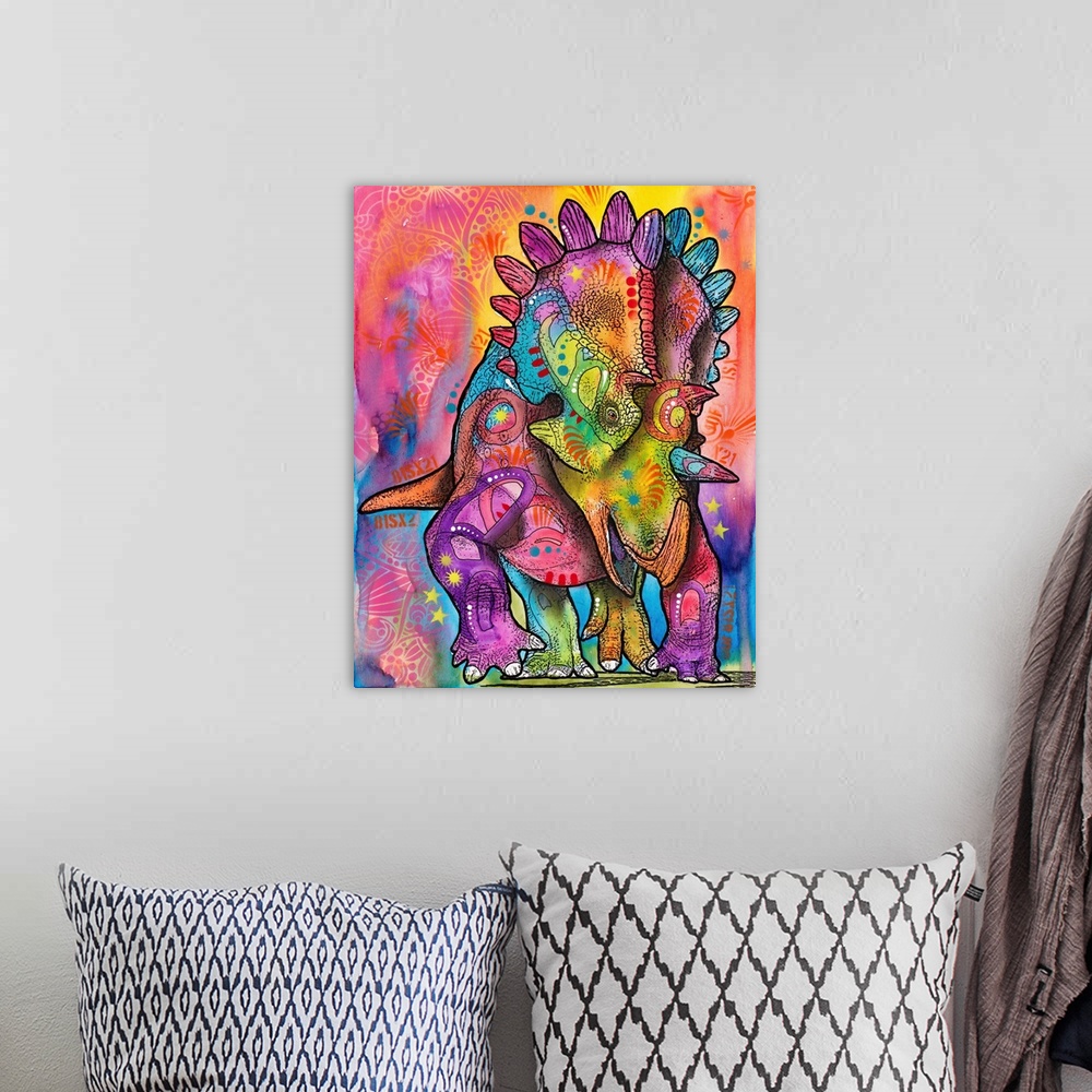A bohemian room featuring Pop art style painting with a colorful Triceratops with abstract markings all over.