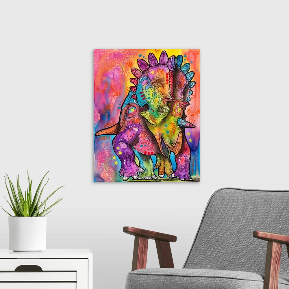 A modern room featuring Pop art style painting with a colorful Triceratops with abstract markings all over.