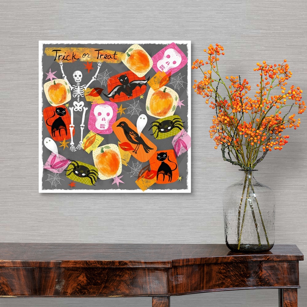 A traditional room featuring Halloween themed children's artwork in vibrant colors.