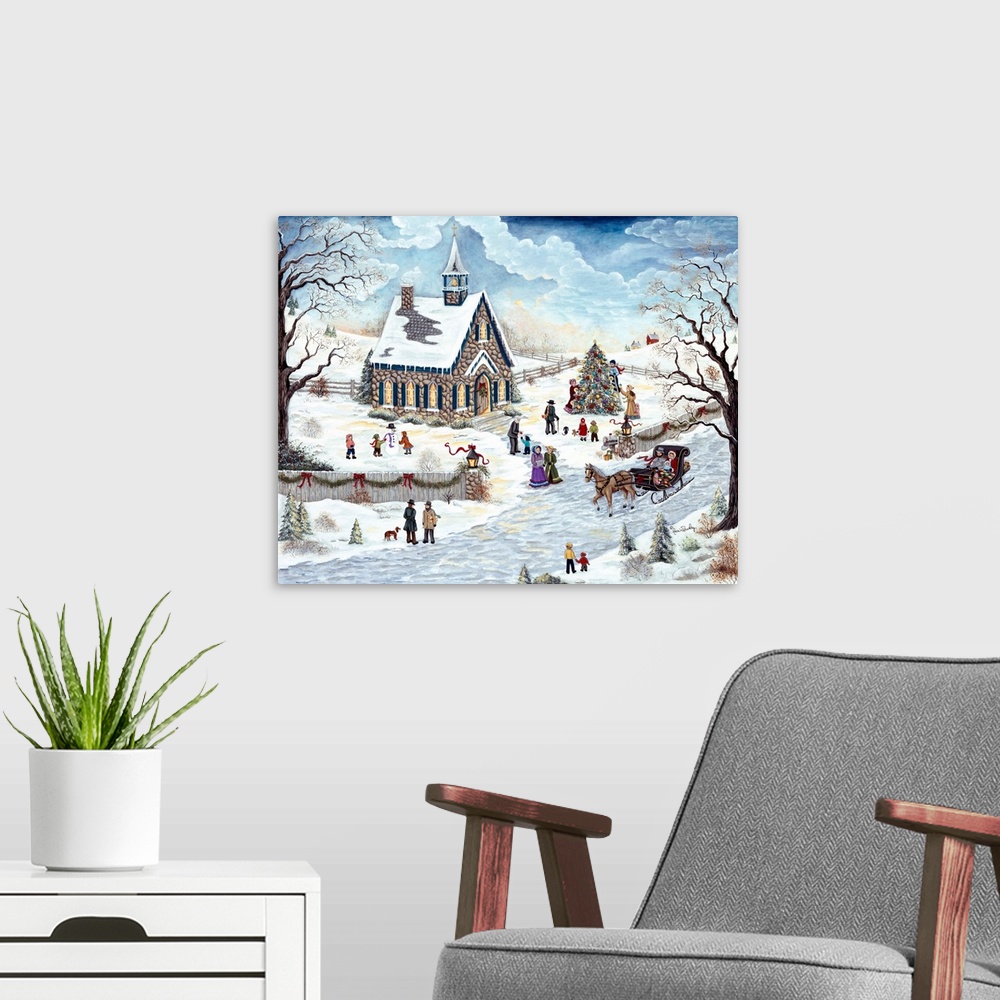 A modern room featuring Village people out side of church decorating christmas tree riding in a carriage and building a s...