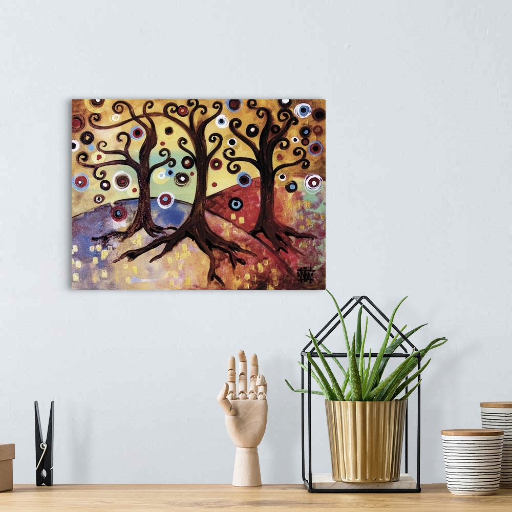 A bohemian room featuring Contemporary painting of three trees with curly branches and spheres of color.