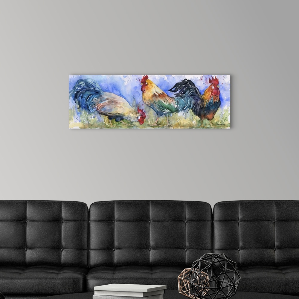 A modern room featuring Contemporary watercolor painting of roosters.