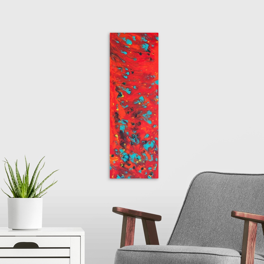 A modern room featuring Contemporary abstract painting in red with blue spots.