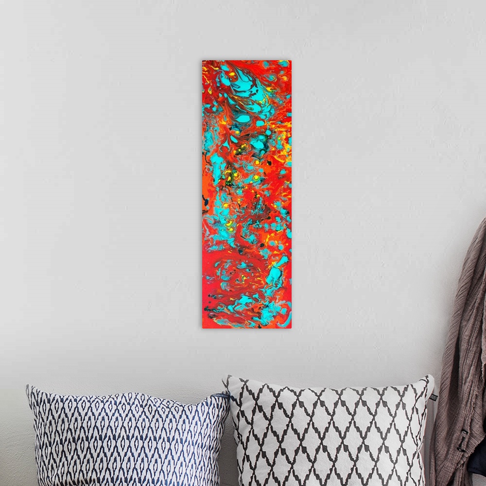 A bohemian room featuring Contemporary abstract painting in red and blue.