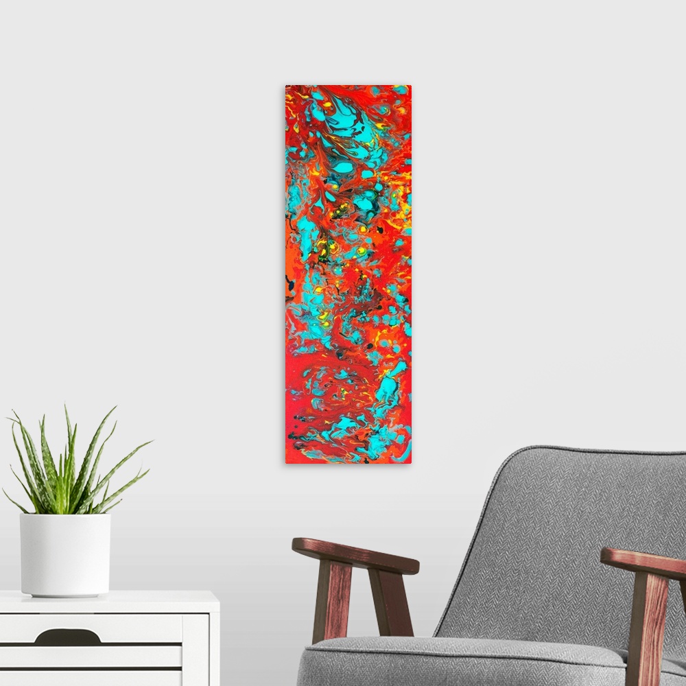 A modern room featuring Contemporary abstract painting in red and blue.