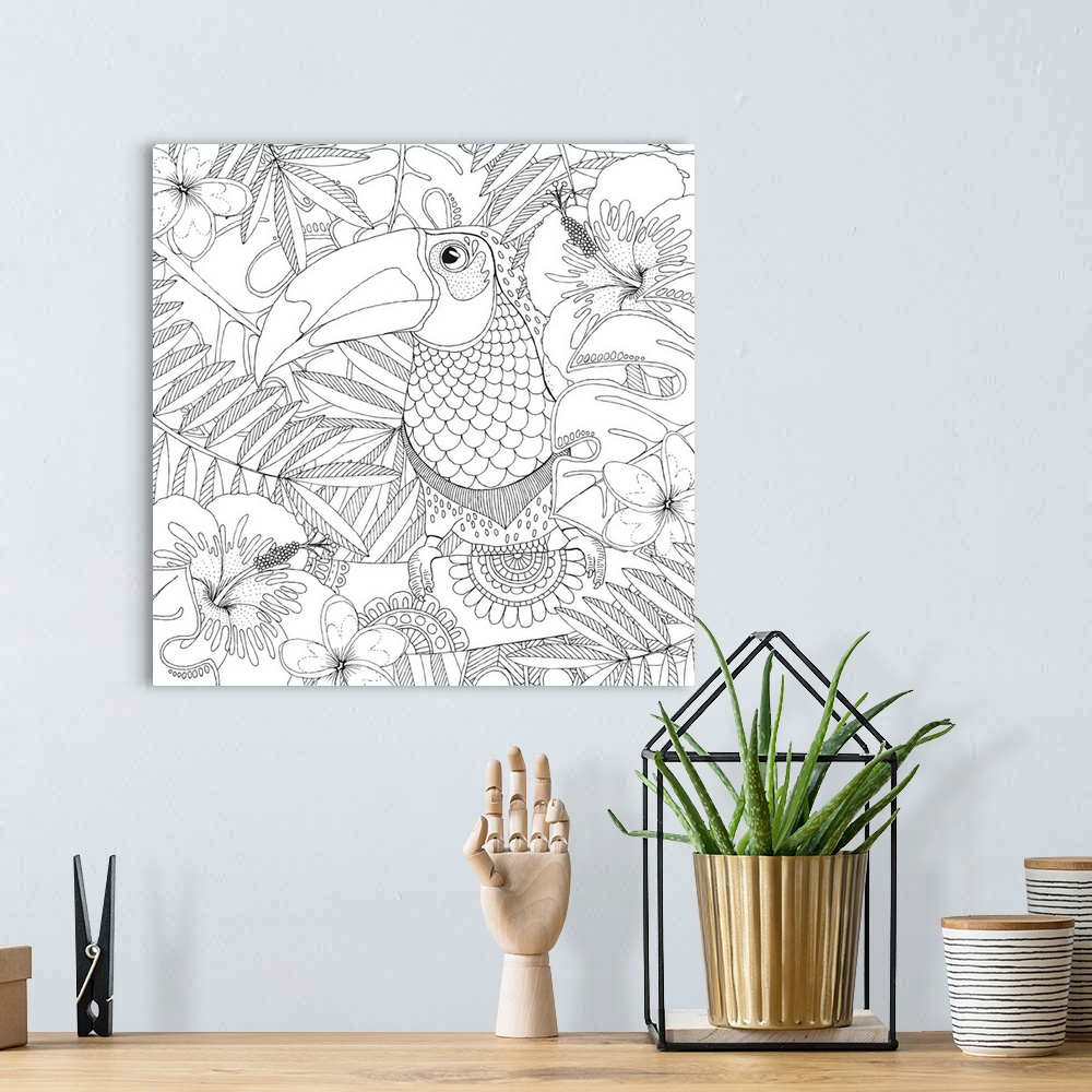 A bohemian room featuring Black and white lined design of a tropical Toucan perched on a branch surrounded by topical flowe...