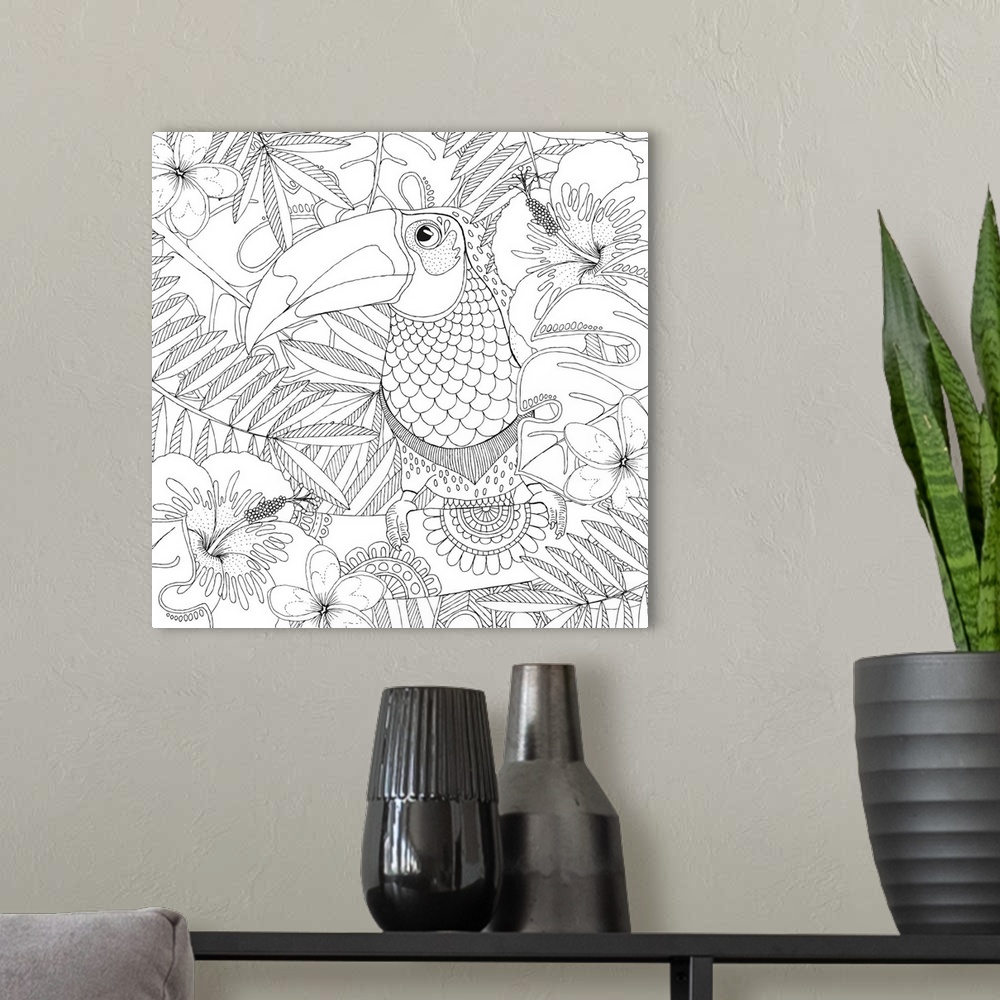 A modern room featuring Black and white lined design of a tropical Toucan perched on a branch surrounded by topical flowe...