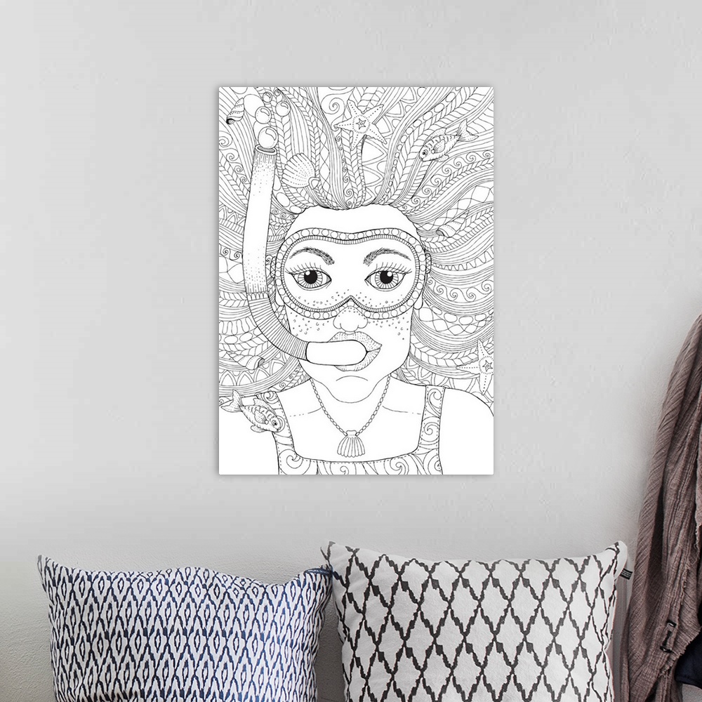 A bohemian room featuring Contemporary black and white line art of a girl snorkeling underwater with seashells, fish, and s...