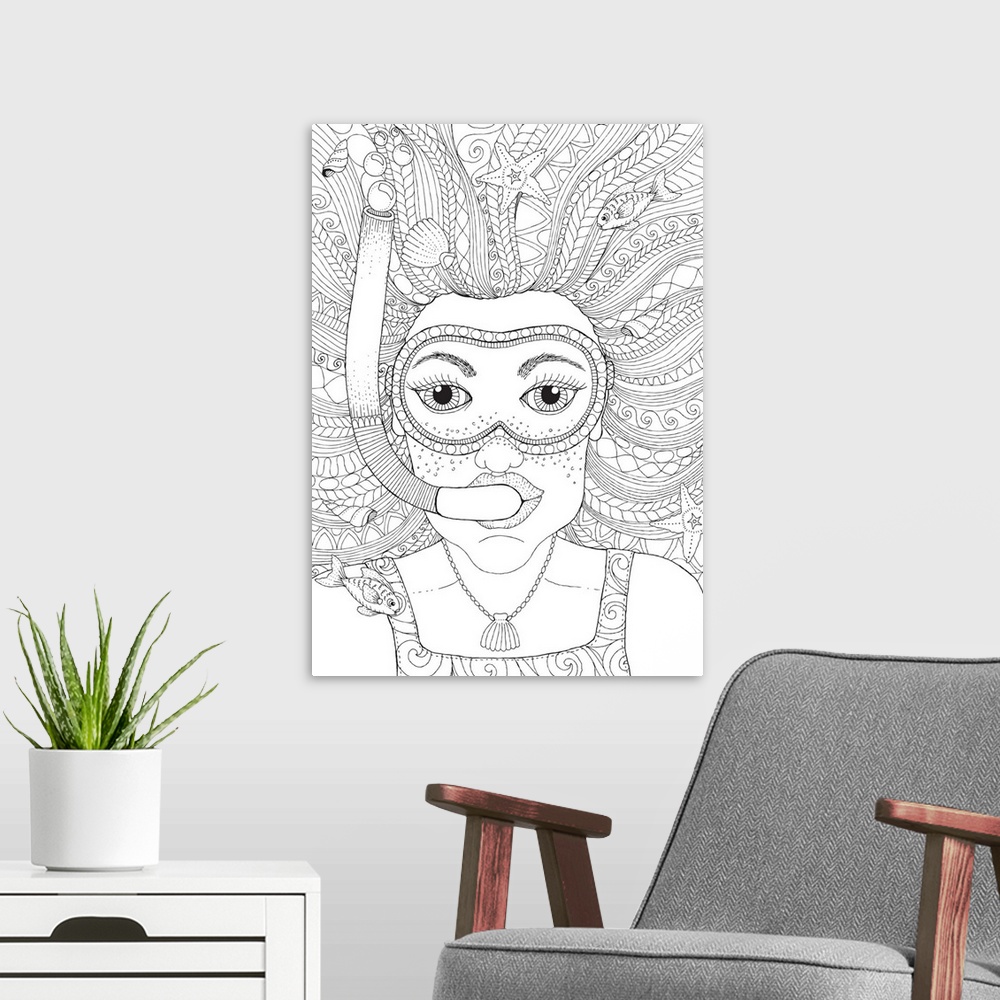A modern room featuring Contemporary black and white line art of a girl snorkeling underwater with seashells, fish, and s...