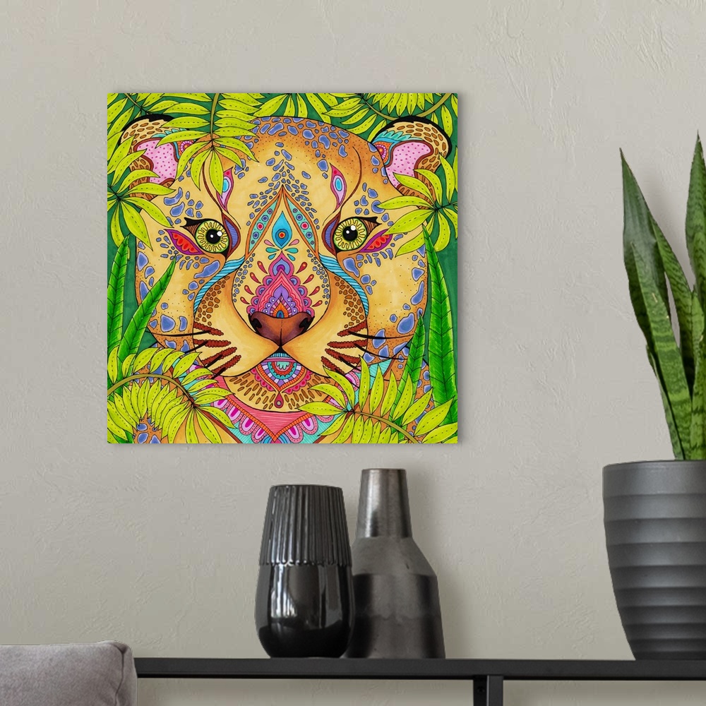 A modern room featuring Square illustration of a uniquely designed lion's head peaking through green foliage.