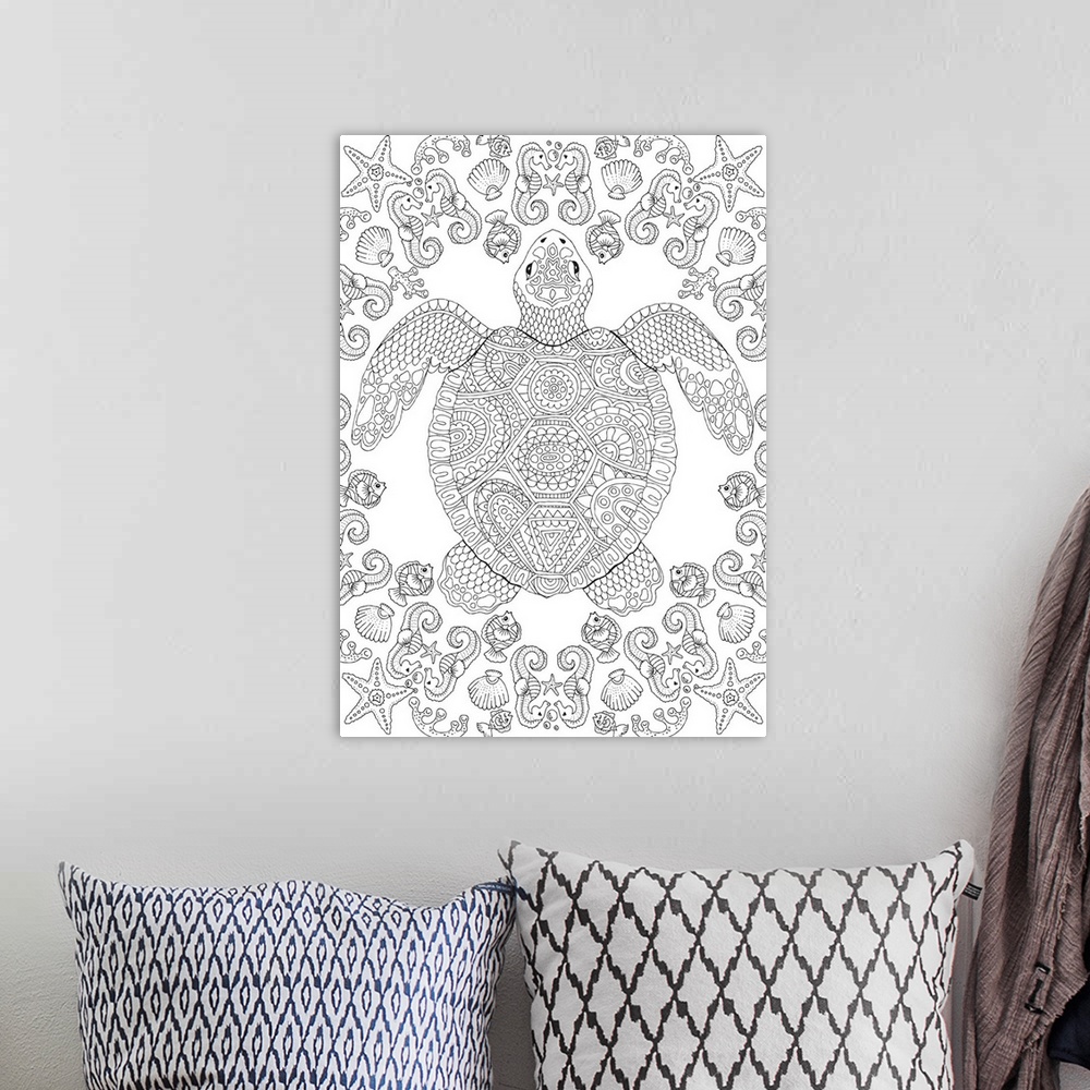 A bohemian room featuring Black and white lined design of a sea turtle surrounded by aquatic sea creatures.