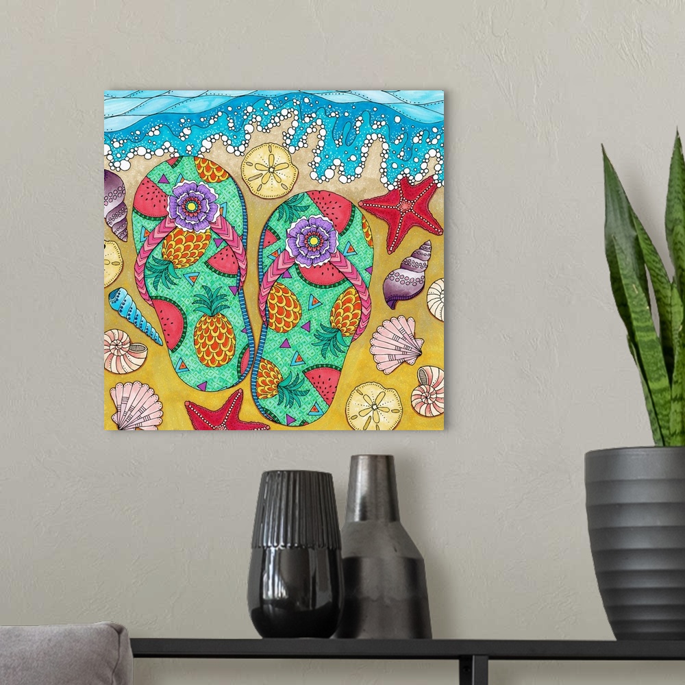 A modern room featuring Colorful illustration of fruit decorated sandals, sea shells, sand dollars, star fish, and the oc...