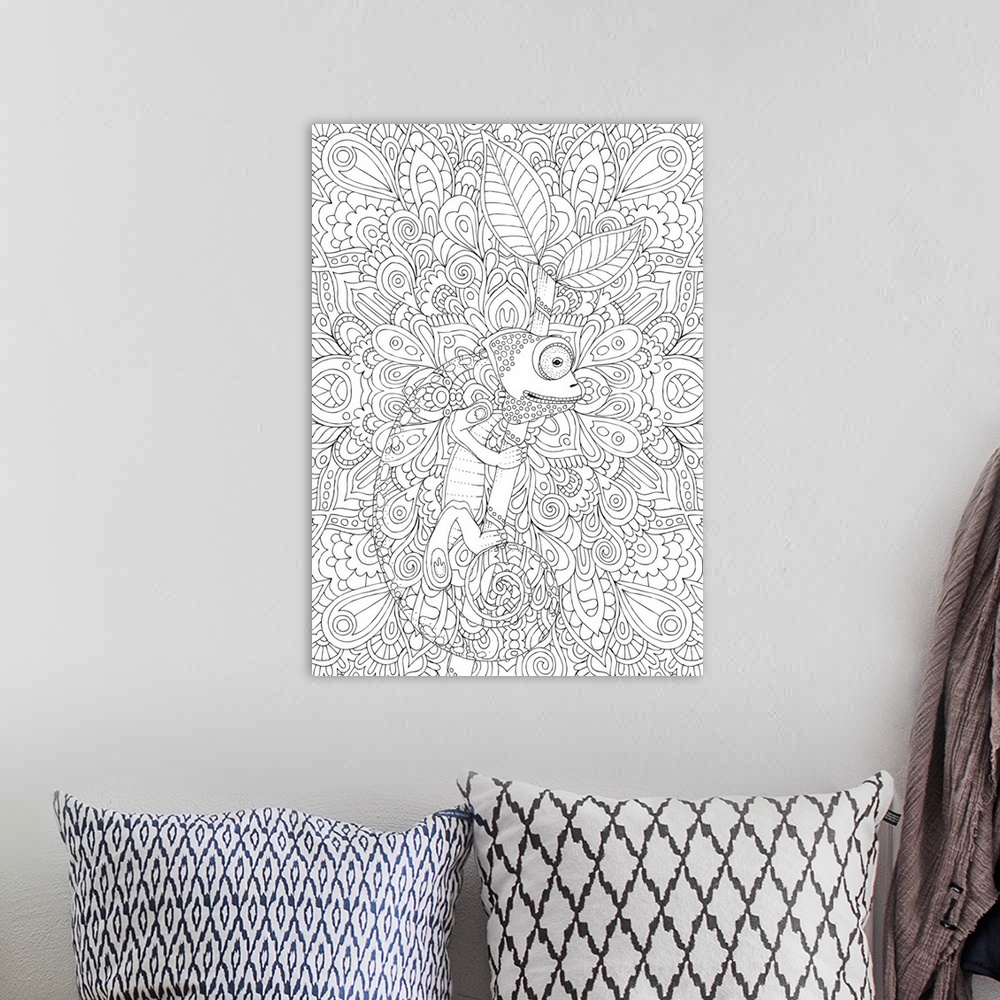 A bohemian room featuring Black and white line art of an intricately designed chameleon on a branch blending in with the in...