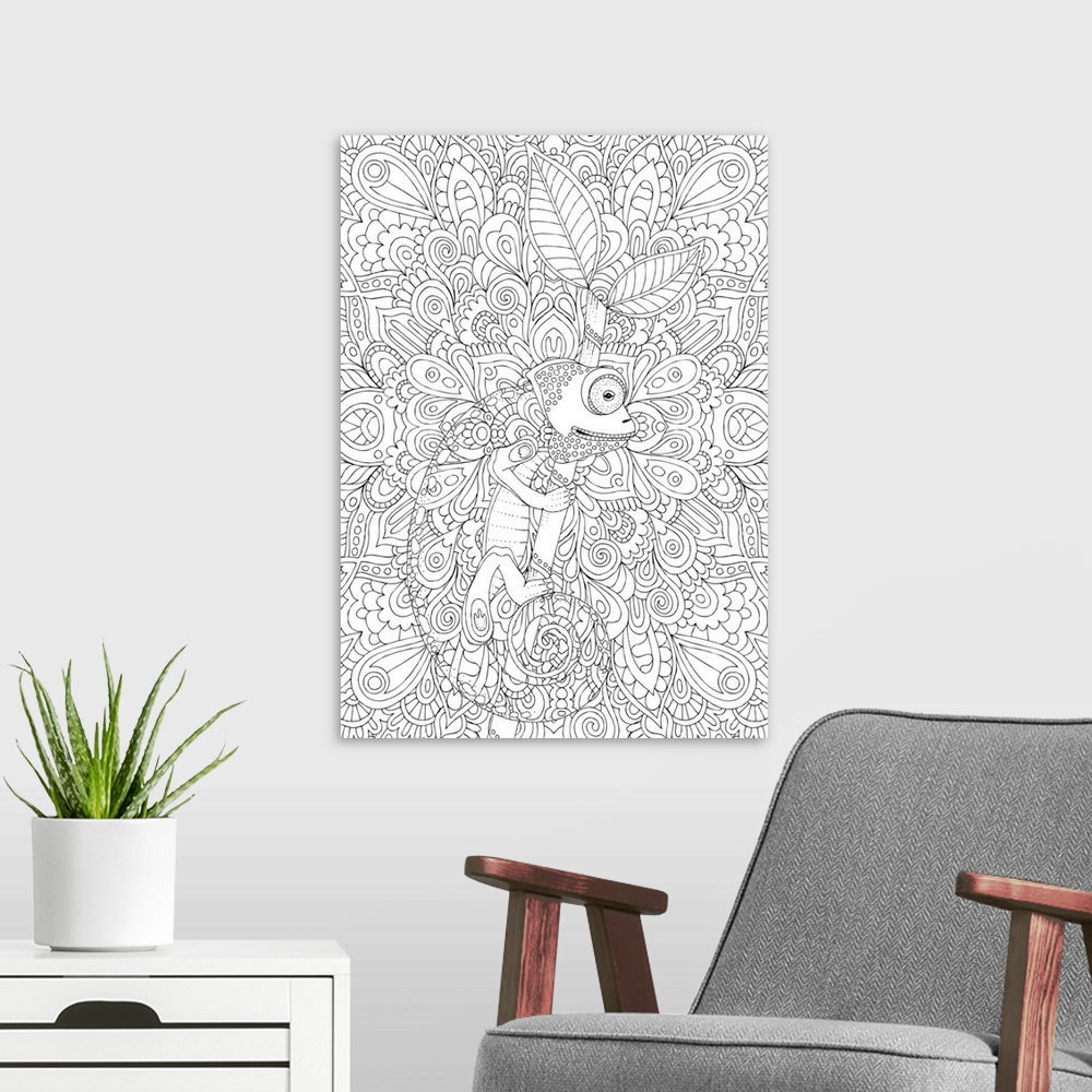 A modern room featuring Black and white line art of an intricately designed chameleon on a branch blending in with the in...