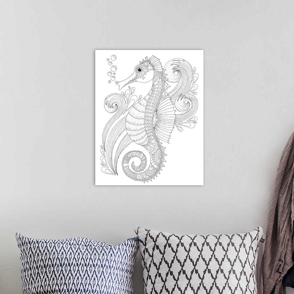 A bohemian room featuring Black and white lined design of a seahorse.