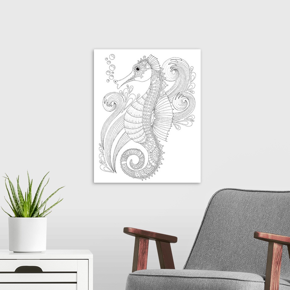 A modern room featuring Black and white lined design of a seahorse.