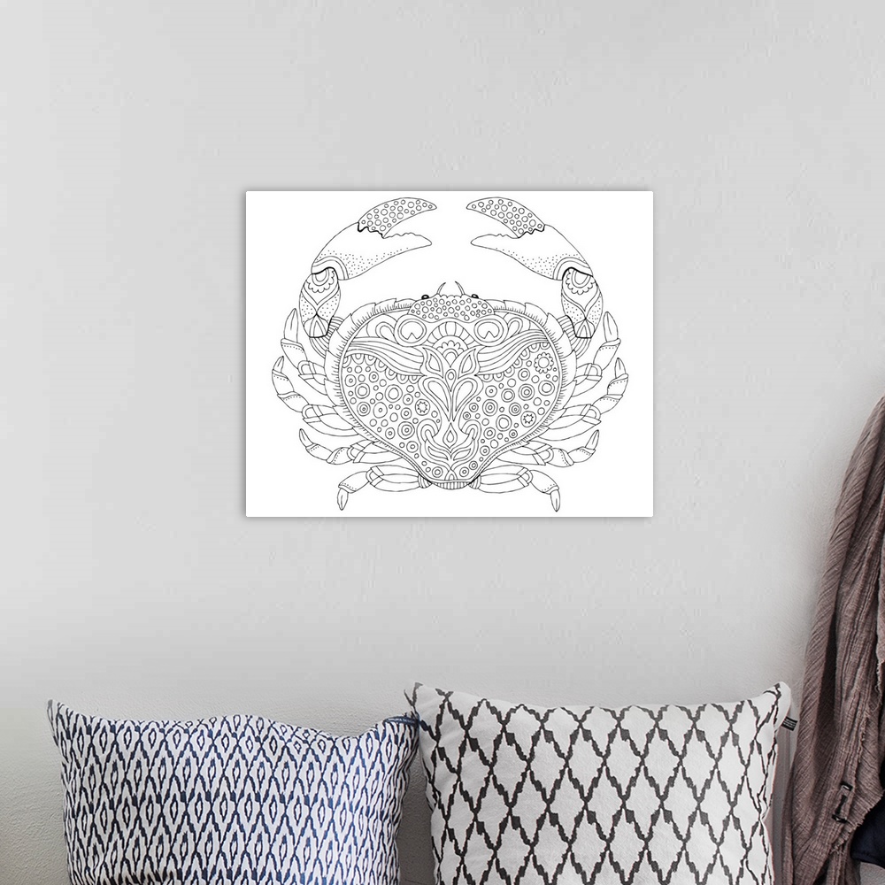 A bohemian room featuring Contemporary lined art of a uniquely designed crab.
