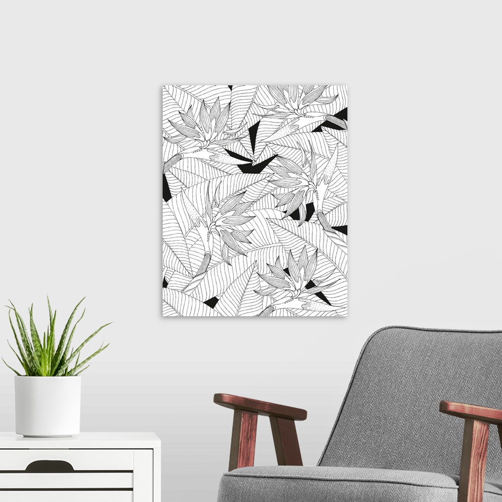 A modern room featuring Black and white line art of birds of paradise flowers with a leafy background.