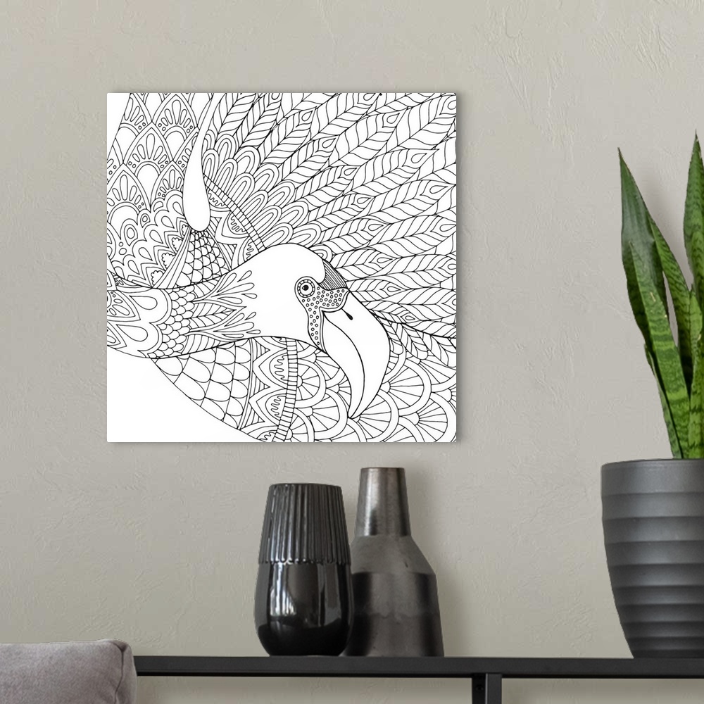 A modern room featuring Black and white lined design of a tropical flamingo.