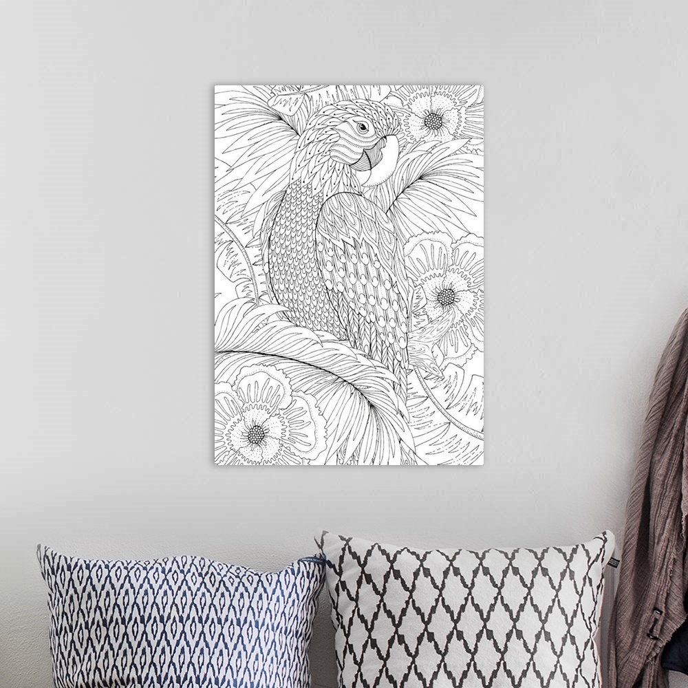 A bohemian room featuring Black and white line art of an intricately designed parrot with a tropical floral background.