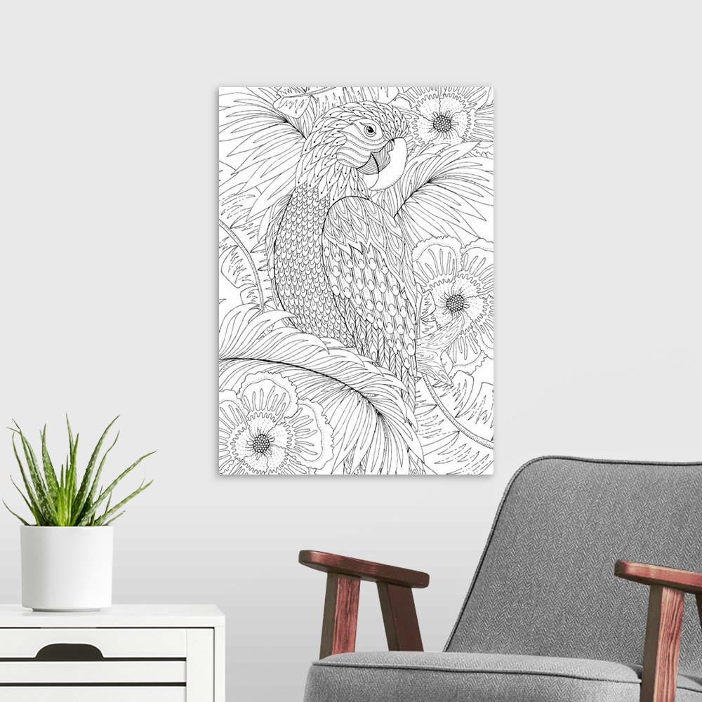 A modern room featuring Black and white line art of an intricately designed parrot with a tropical floral background.