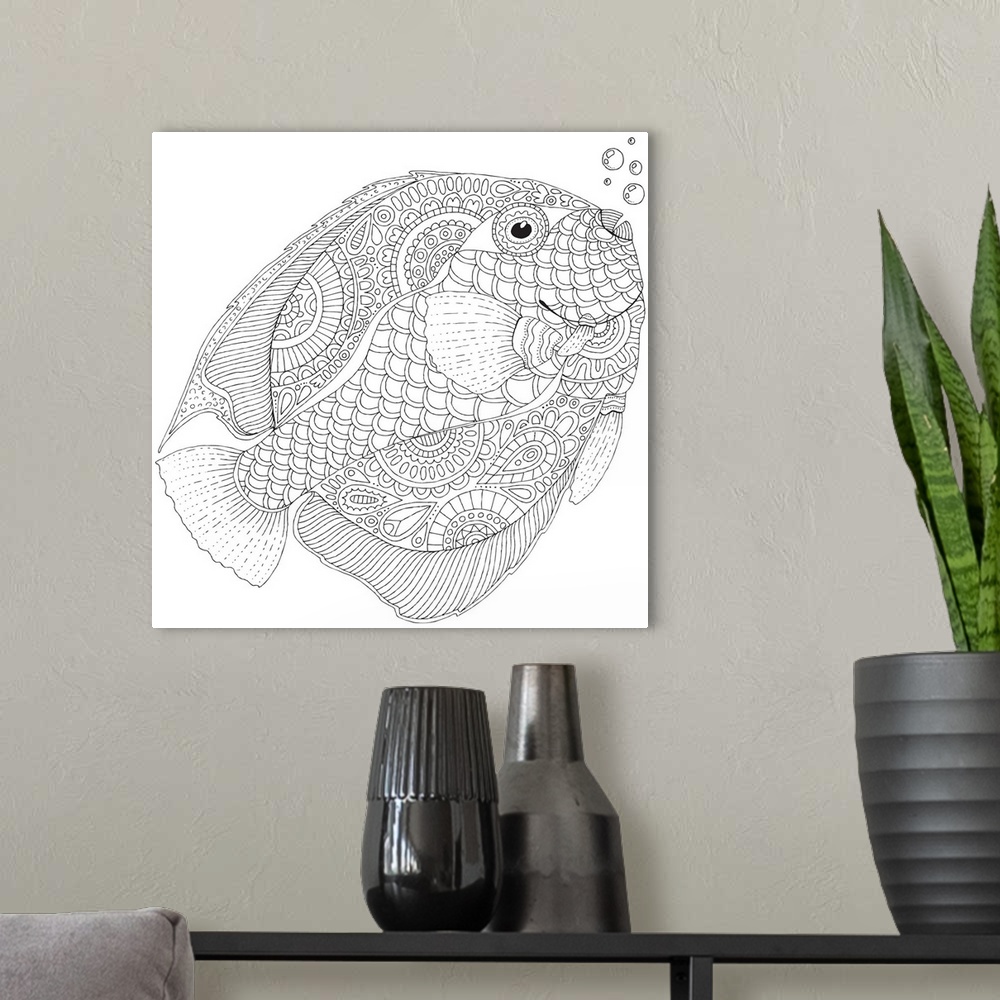 A modern room featuring Black and white lined design of a tropical fish blowing bubbles.