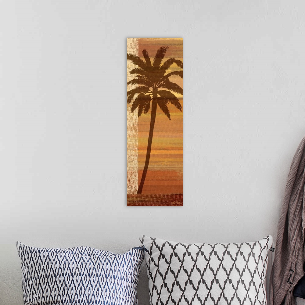 A bohemian room featuring palm tree sunset silhouette