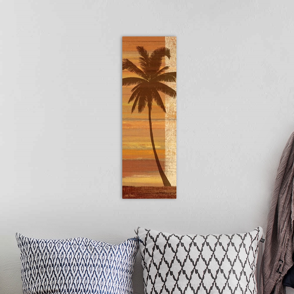 A bohemian room featuring palm tree sunset silhouette