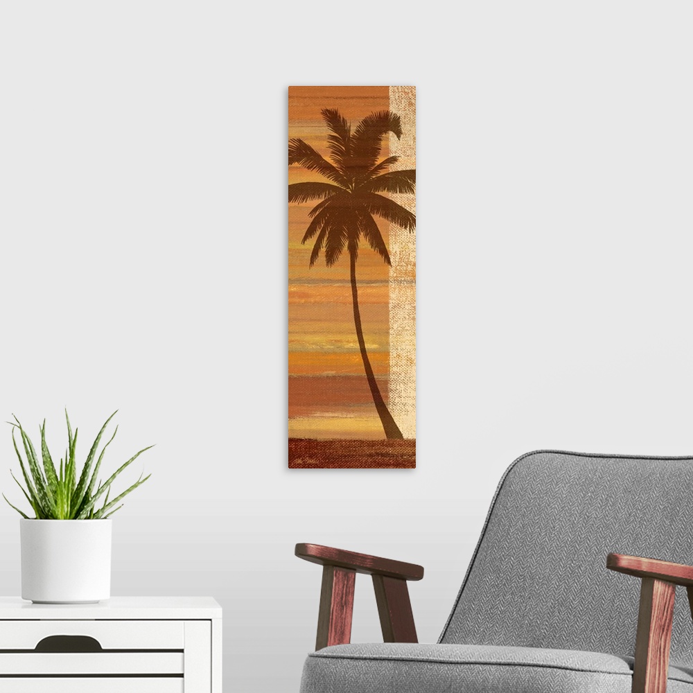 A modern room featuring palm tree sunset silhouette