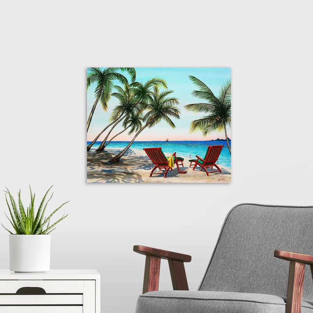 A modern room featuring Painting of a tropical beach scene.