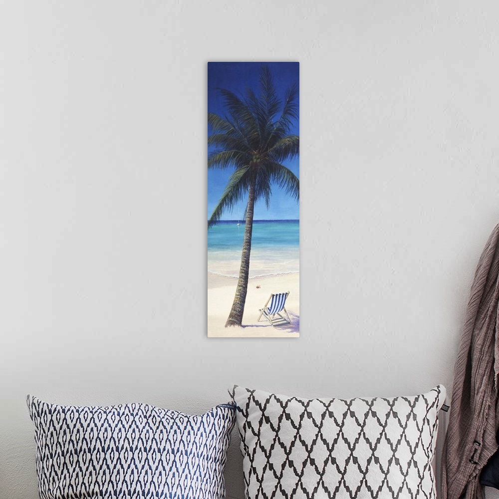 A bohemian room featuring Contemporary artwork of a chair sitting next to a palm tree on a tropical beach.