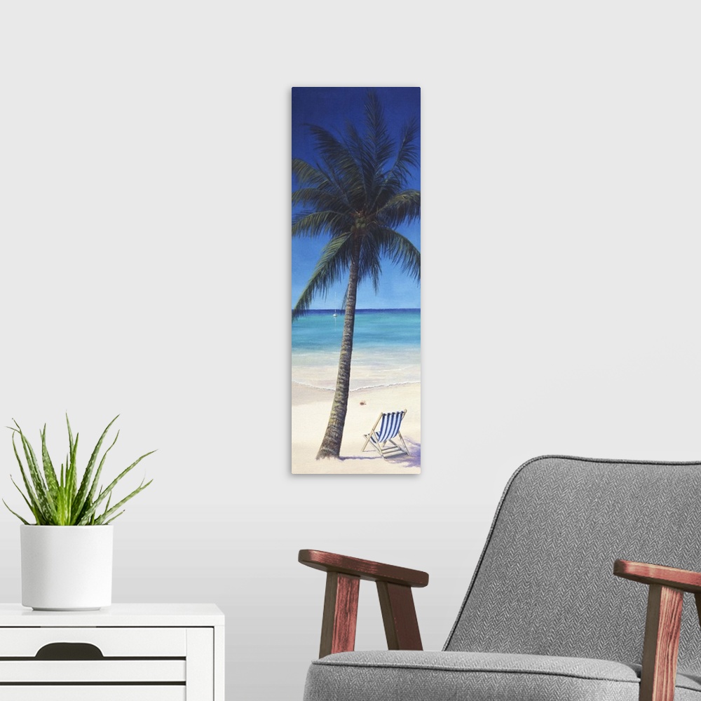 A modern room featuring Contemporary artwork of a chair sitting next to a palm tree on a tropical beach.