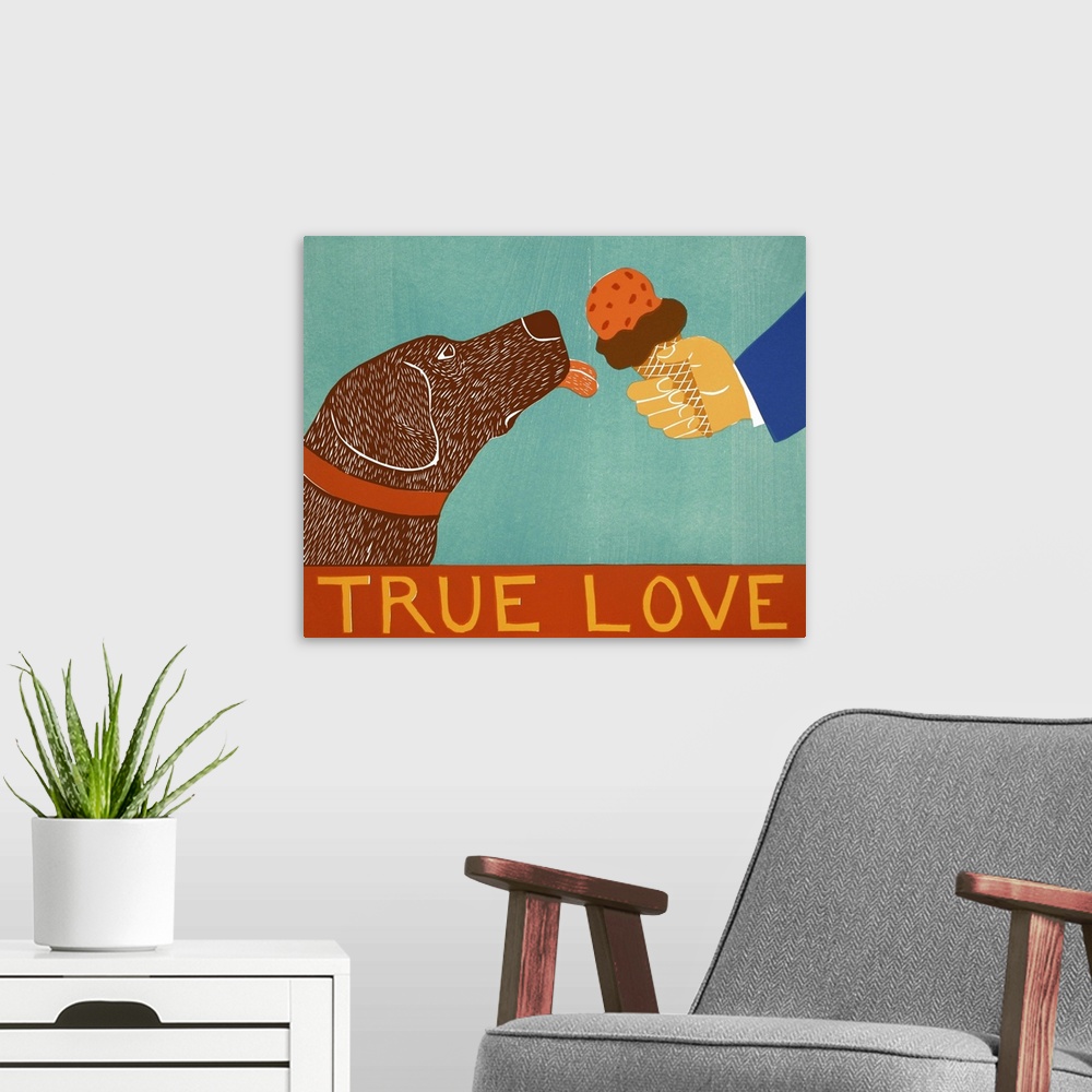 A modern room featuring Illustration of a chocolate lab about to lick an ice cream cone with the phrase "True Love" writt...