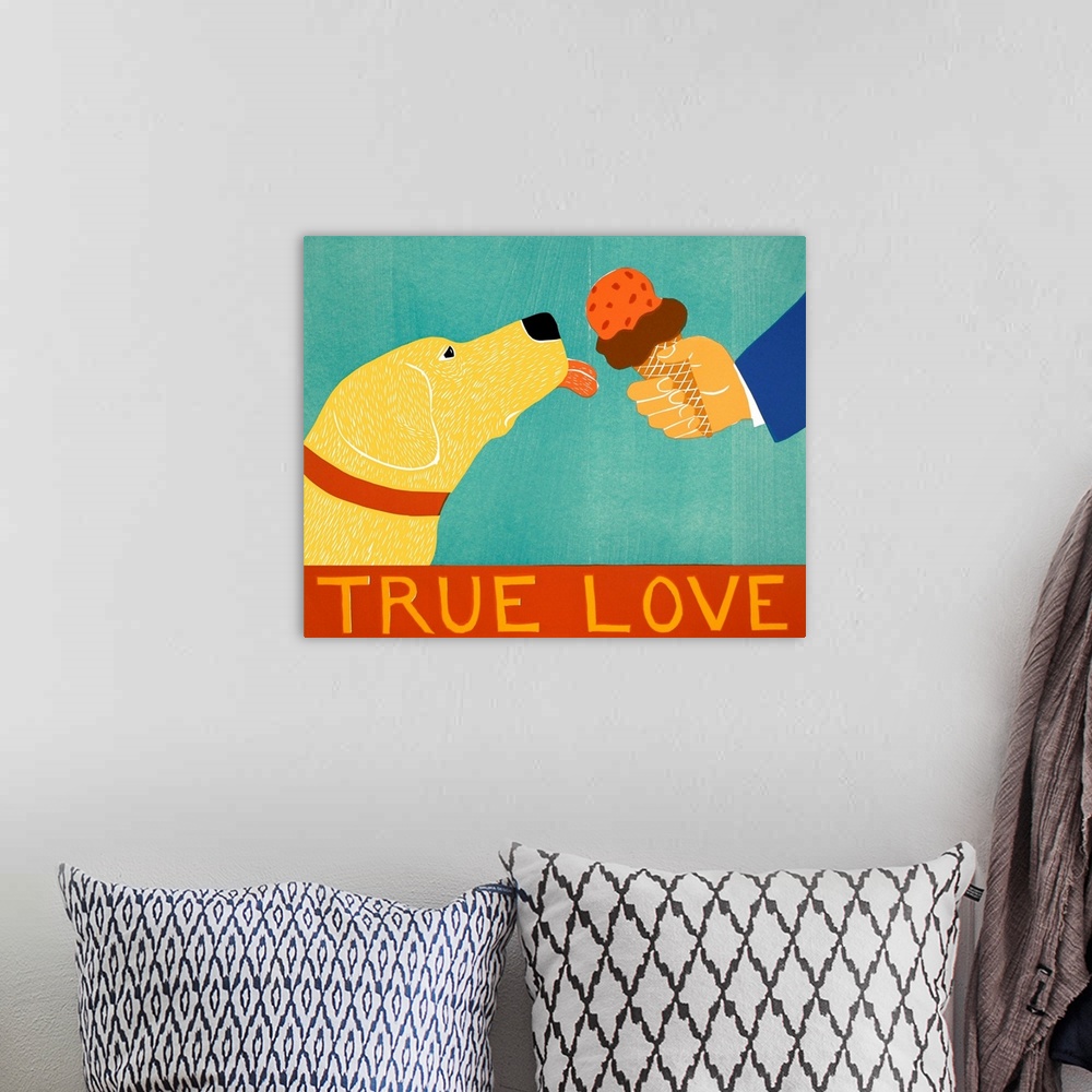 A bohemian room featuring Illustration of a yellow lab about to lick an ice cream cone with the phrase "True Love" written ...