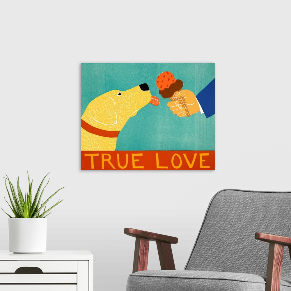 A modern room featuring Illustration of a yellow lab about to lick an ice cream cone with the phrase "True Love" written ...
