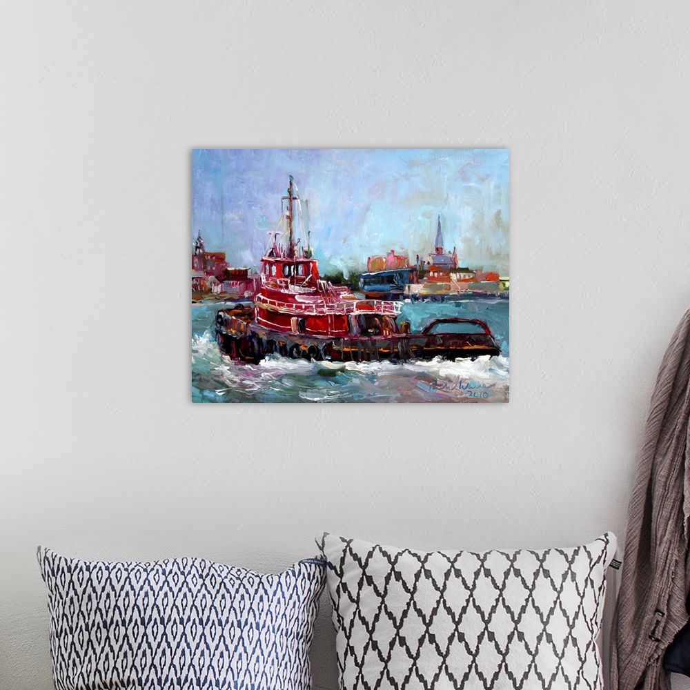 A bohemian room featuring Contemporary painting of a red tugboat.