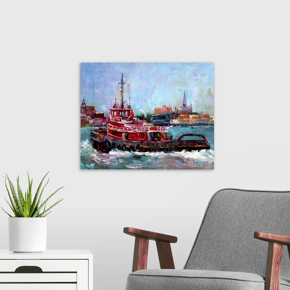 A modern room featuring Contemporary painting of a red tugboat.