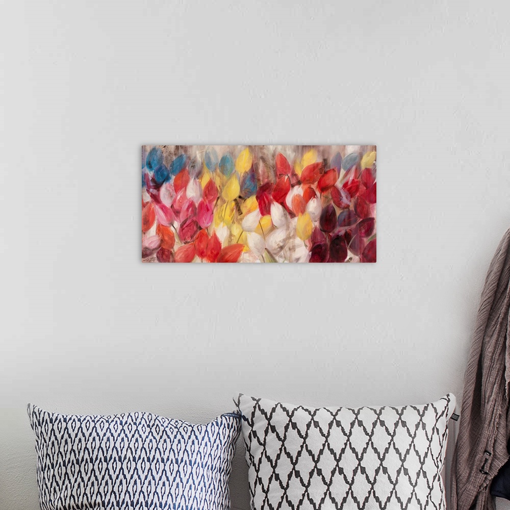 A bohemian room featuring Contemporary painting of a multitude of different colored tulips.